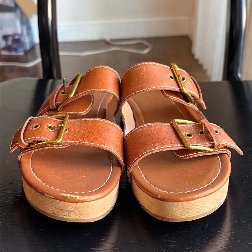 J. Crew platform buckle leather Stylish Tan brown Women clog Sandals sz 7.5 GUC!